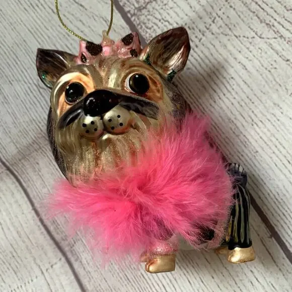Yorkshire Terrier Dog Glass Christmas Tree Ornament Ballerina Feather Boa Yorkie - Picture 11 of 16